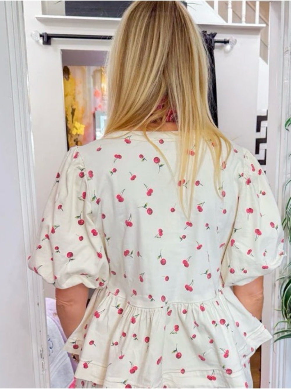 EASEL Cream Cherry Print Puff-Sleeve Blouse - Picture 3 of 4